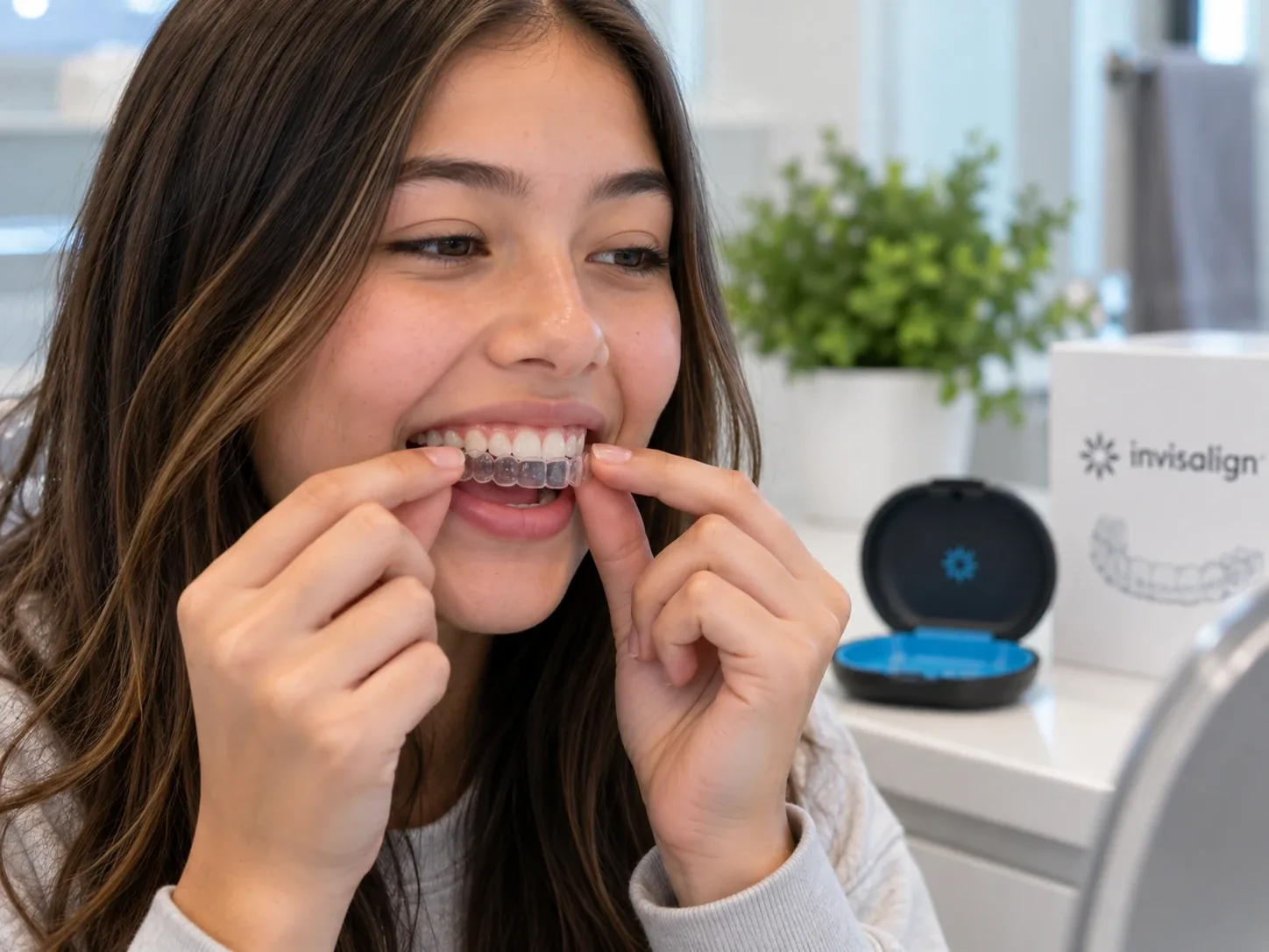 Young patient gently seating a clear orthodontic aligner over her upper teeth.